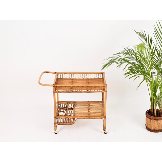 Vintage Italian Rattan and Wicker Serving Bar Cart by Franco Albini, Italy, 1960s For Sale - Image 12 of 15