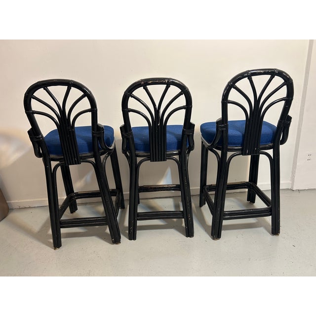 1970s Vintage Rattan Counter Stools Trio Blue Seats Fan Back For Sale - Image 10 of 12