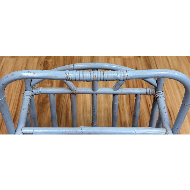 Vintage Periwinkle Blue Rattan Magazine Rack For Sale - Image 10 of 12