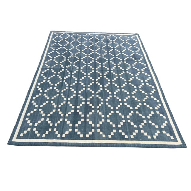 Handmade Cotton Rug, Contemporary Slate Gray & Cream Diamond Pattern Dhurrie - 9'x12' For Sale - Image 9 of 11