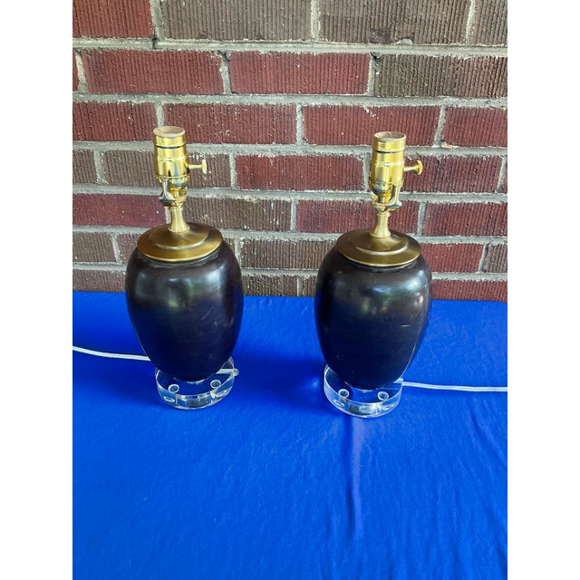 Early 20th Century Pair Antique Japanese Bronze Vase Lamps With Lucite Bases For Sale - Image 6 of 10