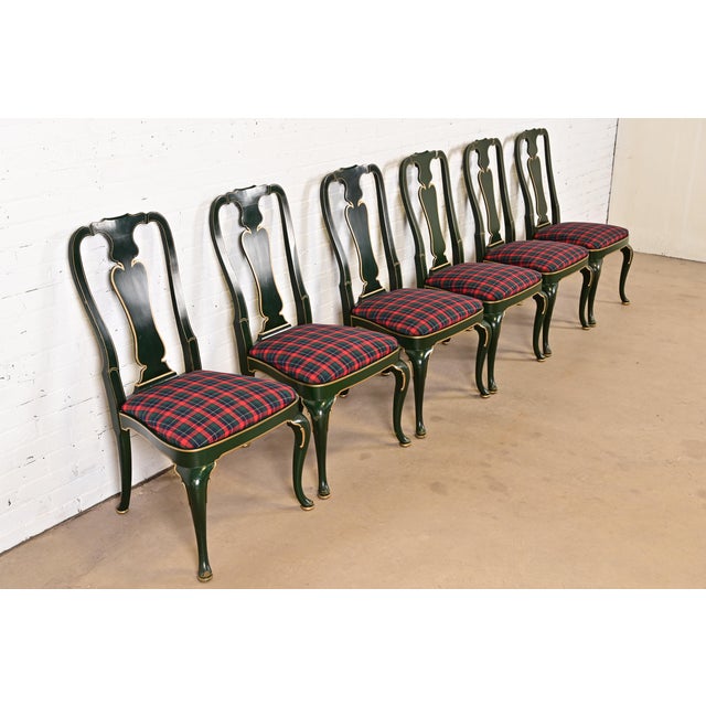 Kindel Furniture Chinoiserie Queen Anne Green Lacquered and Gold Gilt Dining Chairs, Set of Six For Sale - Image 13 of 13