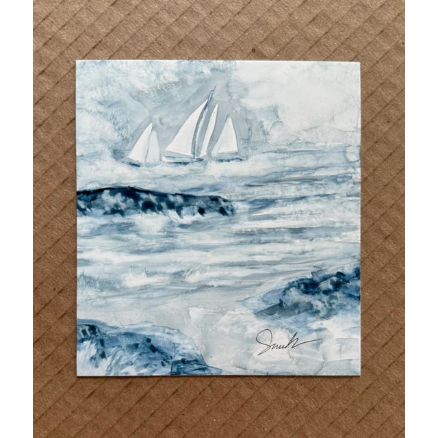 Seascape watercolor on Yupo paper. Three sailboats together.