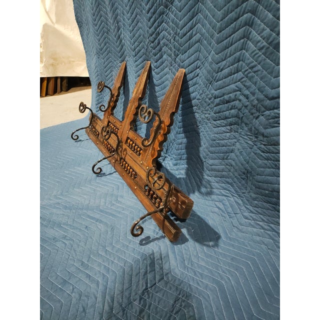19th Century Swiss Black Forest Gothic Carved Walnut Pipe Rack / Hall Rack With Wrought Iron Hooks For Sale - Image 4 of 10