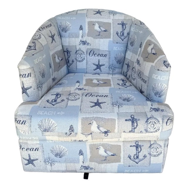 New Showroom Sample Swivel Chair With Nautical Upholstery For Sale