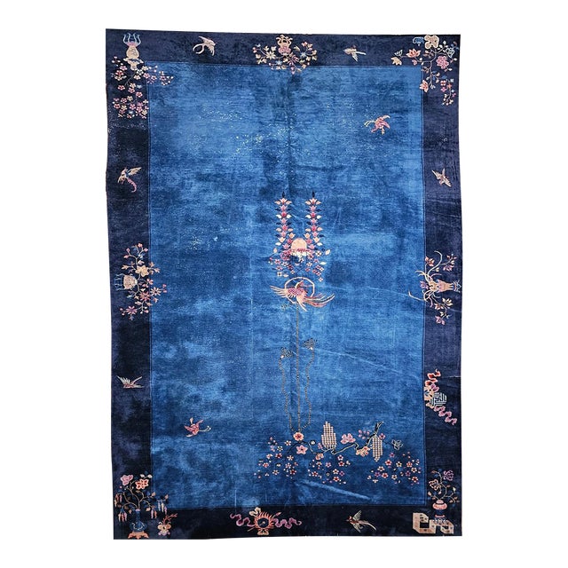 Antique Chinese Art Deco Rug, Hand-Knotted Wool Pile, Phoenix Motif Design, French Blue & Navy, 10' X 17’ For Sale