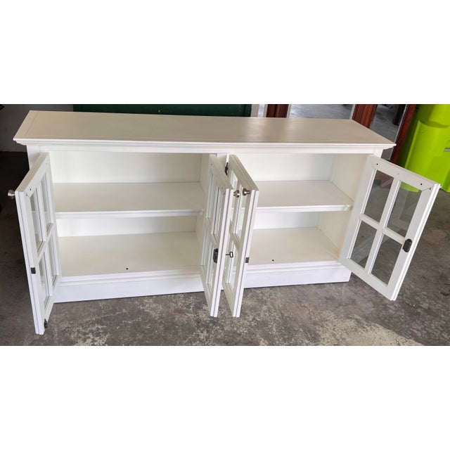 1990s Vintage Painted White Sideboard Credenza Coastal Farmhouse Console Window Pane Doors 72” For Sale - Image 5 of 11