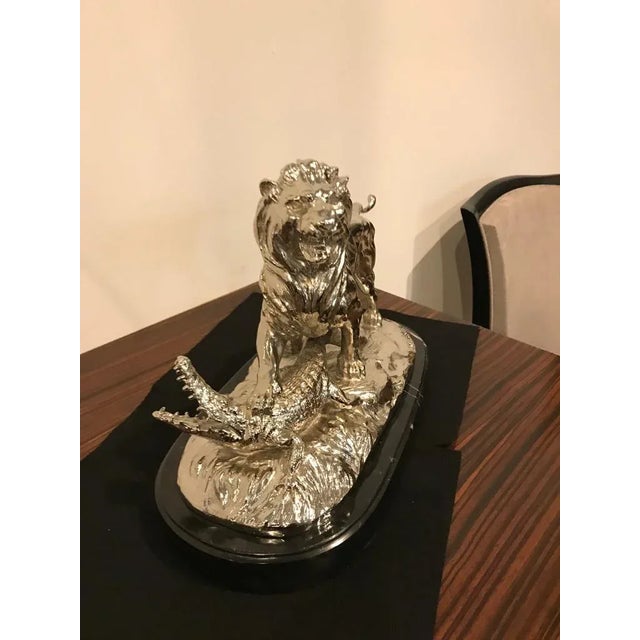 Art Deco Nickel Bronze Sculpture of Lion Crushing Alligator by Paul Edouard Delabrierre For Sale - Image 3 of 10