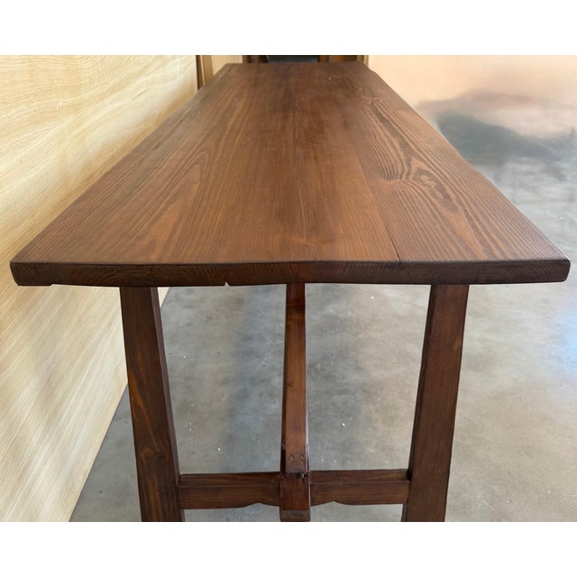 Wood 19th Large Spanish Dining or Desk Table with Carved Legs and Wood Stretcher For Sale - Image 7 of 18