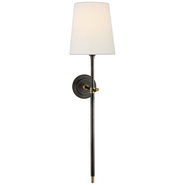 Thomas O'Brien for Visual Comfort Signature Bryant Large Tail Sconce in Bronze and Hand-Rubbed Antique Brass with Linen Shade For Sale