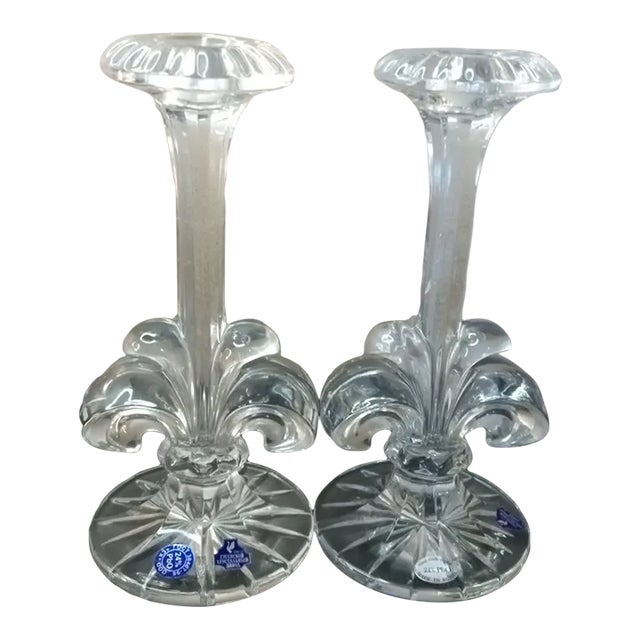 Pair of 1970s Lead Crystal Gusevskoy Fleur Des Lis Candle Holders For Sale