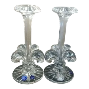 Pair of 1970s Lead Crystal Gusevskoy Fleur Des Lis Candle Holders