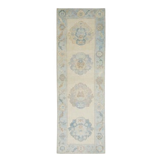 Early 21st Century Blue Floral Design Handwoven Wool Turkish Oushak Rug 2'6" X 7'9" For Sale