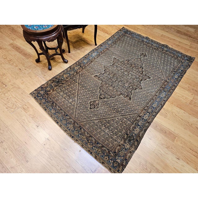 19th Century Antique Persian Senneh Area Rug, Hand-Knotted Wool, Paisley Medallion Pattern, Chocolate Brown & Light Blue, 4x7 For Sale - Image 5 of 13