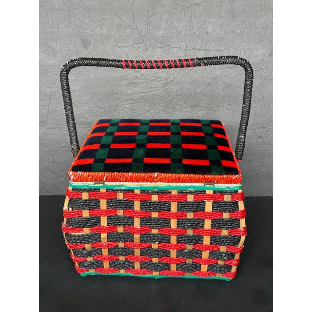 Red Plaid Woven Rattan Sewing Basket For Sale - Image 4 of 16
