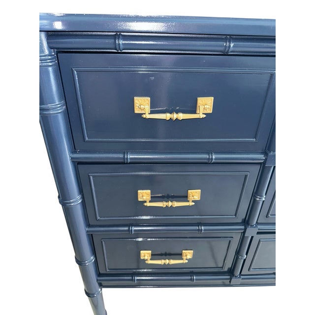 Ornamental & Decorative Materials 1970s Henry Link Bali Hai Faux Bamboo Nine Drawer Dresser - Navy Blue For Sale - Image 7 of 11