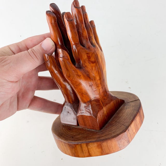 1980s Vintage Hand Carved Wooden Wood Praying Hands Religious Iconography For Sale - Image 5 of 7