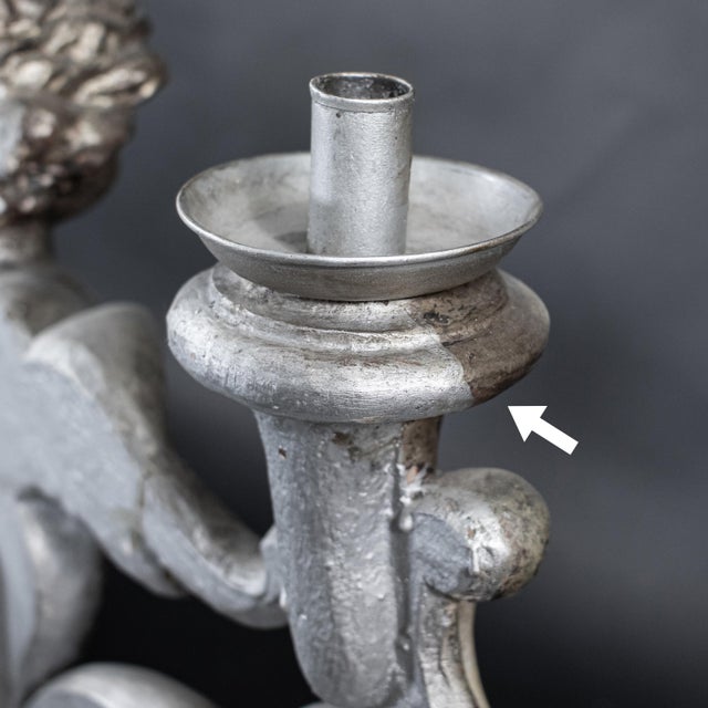 Large 19th Century Italian Rococo Style Silver‑Leaf Carved Wood Altar Candelabra For Sale - Image 12 of 18