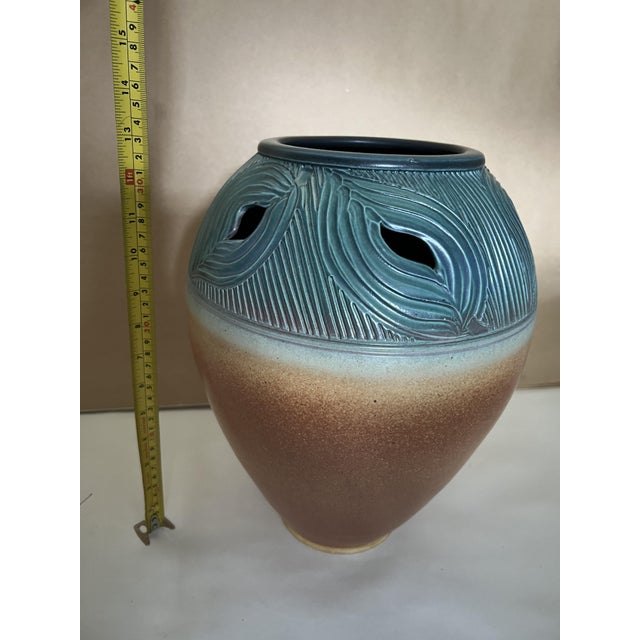 Teal Mark Untener Large Carved & Pierced Studio Pottery Vase, 1990s For Sale - Image 8 of 8