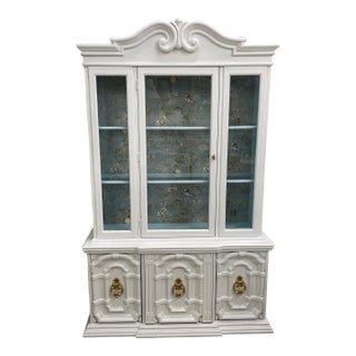 Vintage Two Piece Glass Front China Cabinet in White For Sale