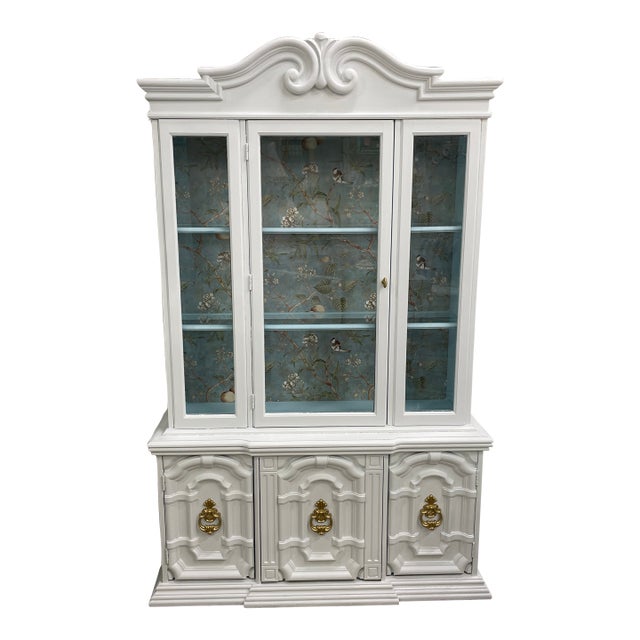 Vintage Two Piece Glass Front China Cabinet in White For Sale