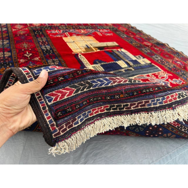 Red 4'8" X 6'2" Vintage Afghan Hand-Knotted Tribal Wool Rug, Pictorial Display Rug For Sale - Image 8 of 12