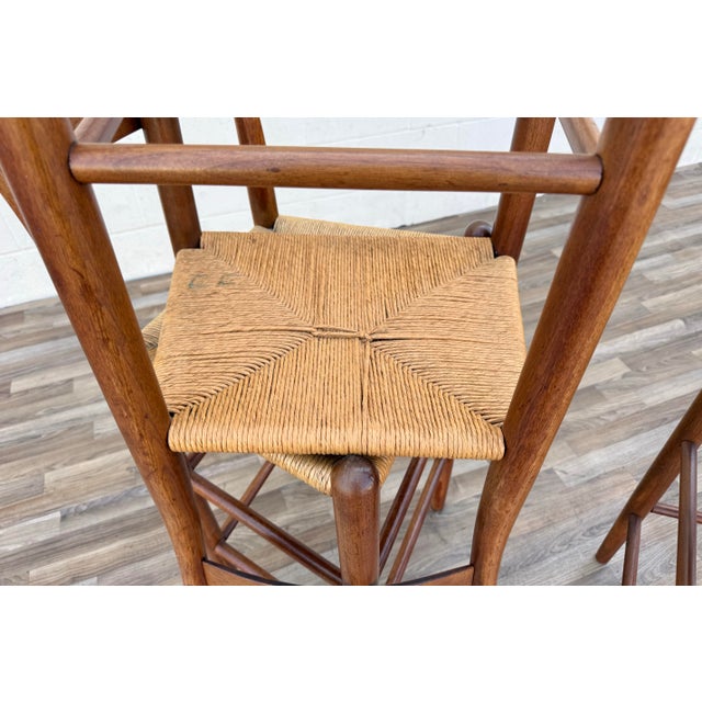 1970s Set of 6 Danish Modern Style Solid Wood Bar Stools With Woven Rush Seats For Sale - Image 12 of 12