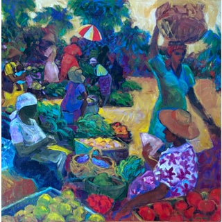 Joan Hopkins Titled Saturday Market Oil Painting on Canvas 30” X 30” For Sale