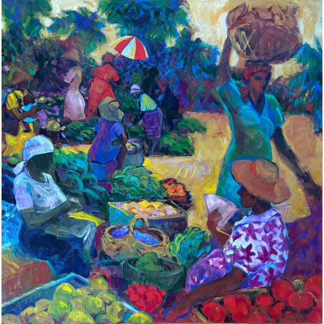 Joan Hopkins Titled Saturday Market Oil Painting on Canvas 30” X 30” For Sale