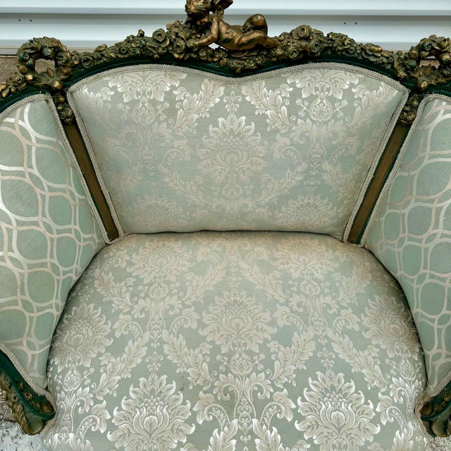 Cornflower Blue Sofa Blue Upholstery & Ornate Carvings Baroque Style For Sale - Image 8 of 11