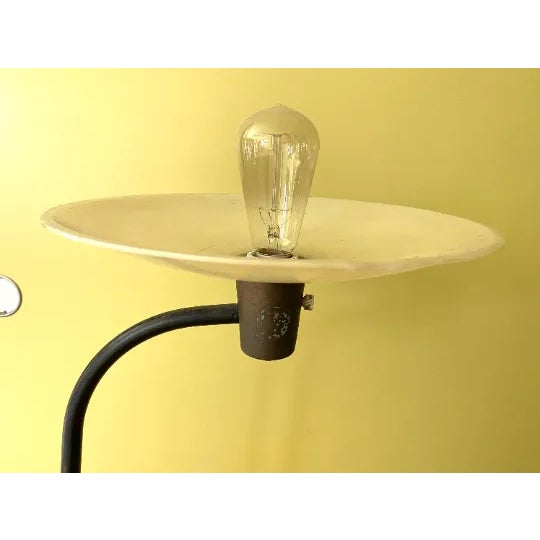 1950s Mid-Century Modern Side Table - Black Iron and White Teak Side Table 3 Leg With Acrylic Shade Up Light For Sale In Los Angeles - Image 6 of 9