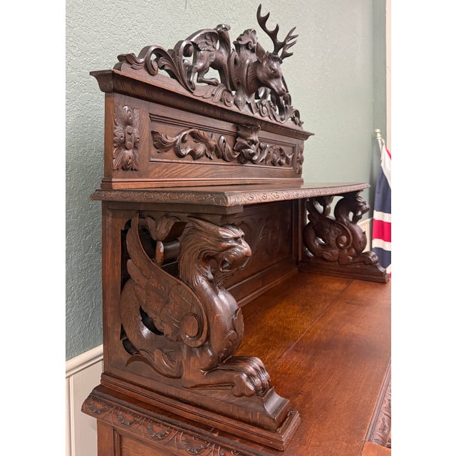 Antique French Renaissance Revival Hunt Buffet Server Sideboard Dark Oak 19c For Sale - Image 9 of 17