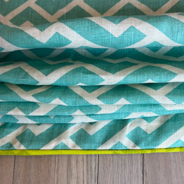 Contemporary Palm Beach Style Custom Turquoise and Chartreuse Green Quadrille Aga Linen Roman Shade For Sale - Image 3 of 10