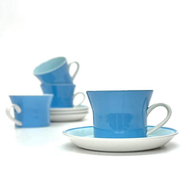Blue Cups and Saucers, Set of 8 (Service for 4) This set of sky-blue Mikasa cups and saucers is a timeless modern classic....