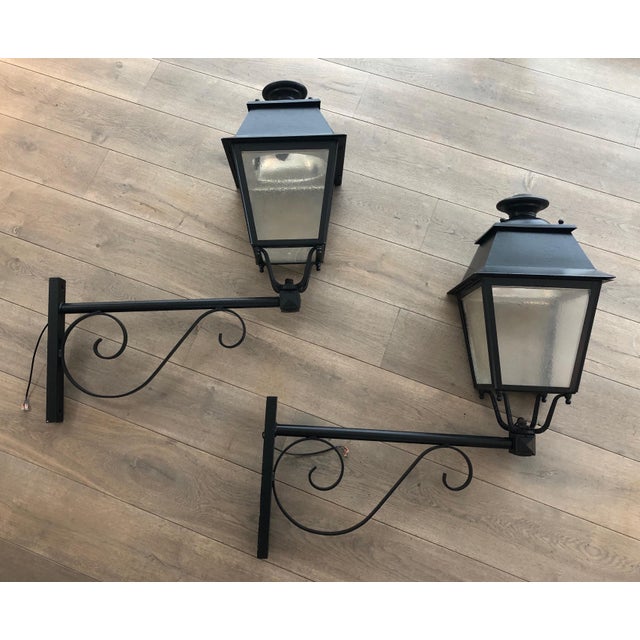 1950s 1950s Large Exterior Iron Lanterns on Supports - Set of 2 For Sale - Image 5 of 12