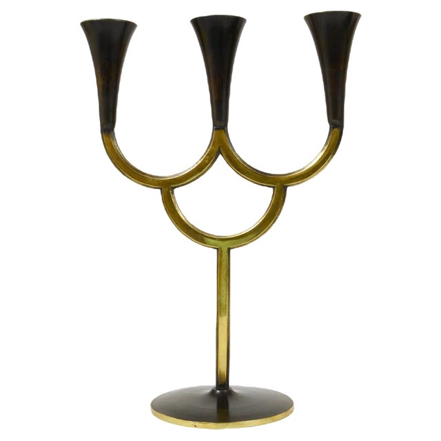 Austrian Brass Three-Arm Candleholder attributed to Richard Rohac, 1950s For Sale