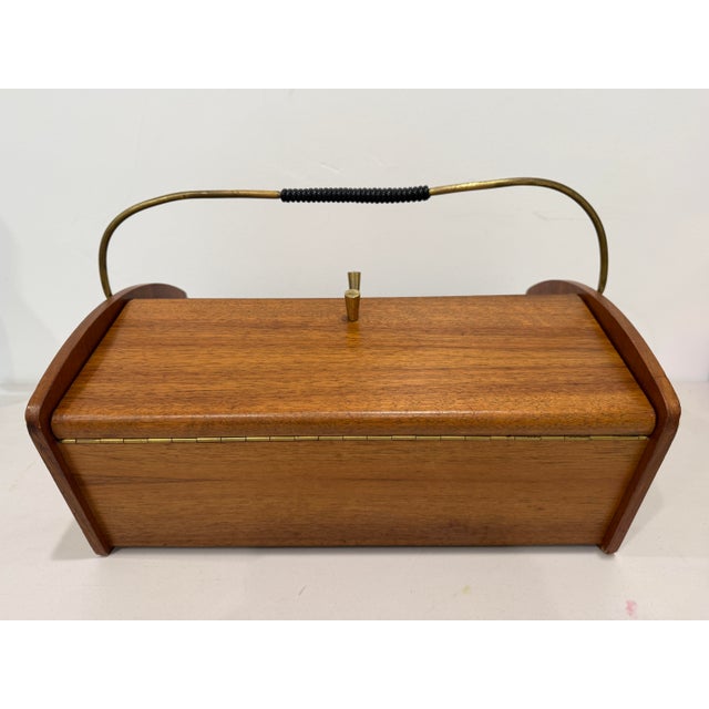 Mid-Century Teak Wood Sewing Tool Storage Box W/ Metal Handle Hinged 1950s MCM For Sale - Image 10 of 10