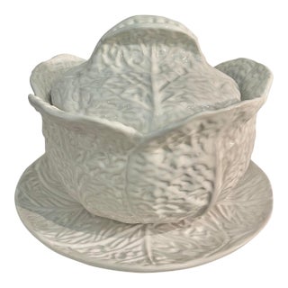 Vintage Portuguese White Majolica Cabbage Ware Tureen With Lid and Underplate For Sale