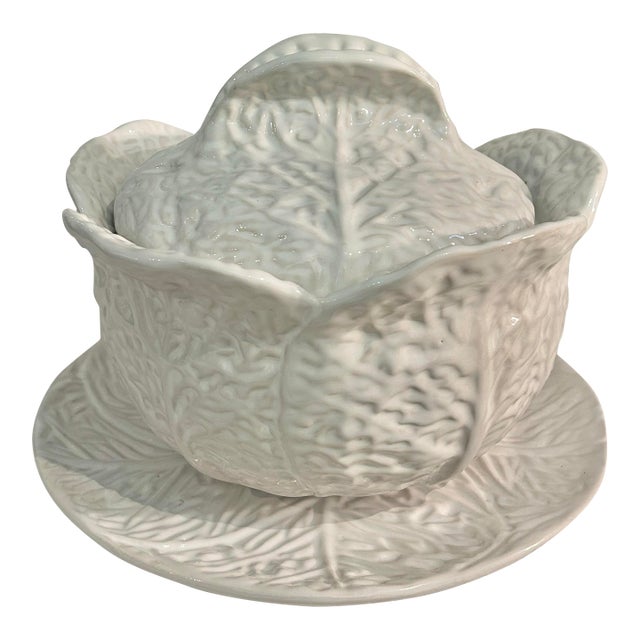 Vintage Portuguese White Majolica Cabbage Ware Tureen With Lid and Underplate For Sale