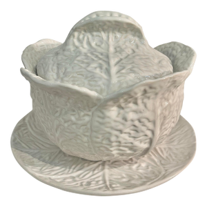 Vintage Portuguese White Majolica Cabbage Ware Tureen With Lid and Underplate