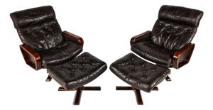 Set of Two (2) Scandinavian Modern Reclining Lounge Chairs & Ottomans by Soda Galvano for Vatne Mobler, Norway, C. 1970s