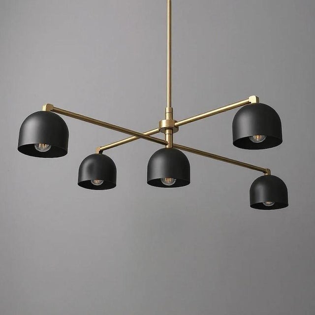 Mid-Century Modern Brass Dome Chandelier, 5-Light Black Pendant Lighting, Mid Century Dining Room Fixture For Sale - Image 6 of 7