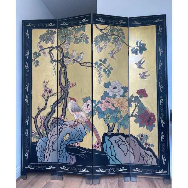 Large antique Chinese double sided four panel floor screen with phoenix bird in a flower garden- symbol of happiness and...