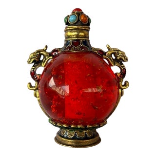 Vintage Red Glass Snuff Bottle — Gilt Bronze Dragon-Handled Moon Flask With Jeweled Stopper and Enamel Mounts For Sale