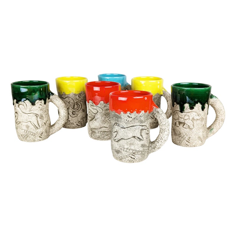 Mid-century Modern Multicolored Glazed Ceramic Cups By Francis Triay For Vallauris, 1950s, Set Of 8