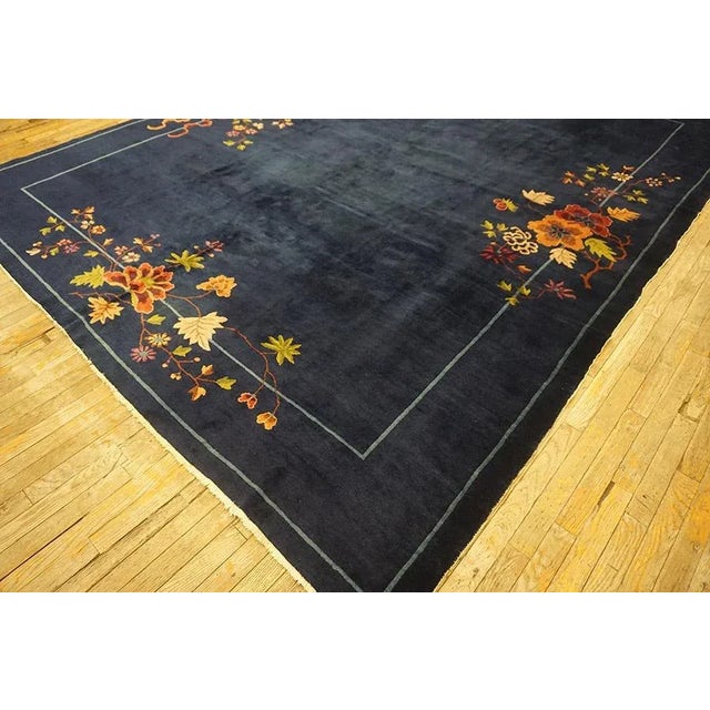 1920s Blue Navy Field Floral Antique Chinese Art Deco Carpet 9' X 11'4" Knotted Wool Rug For Sale - Image 9 of 15