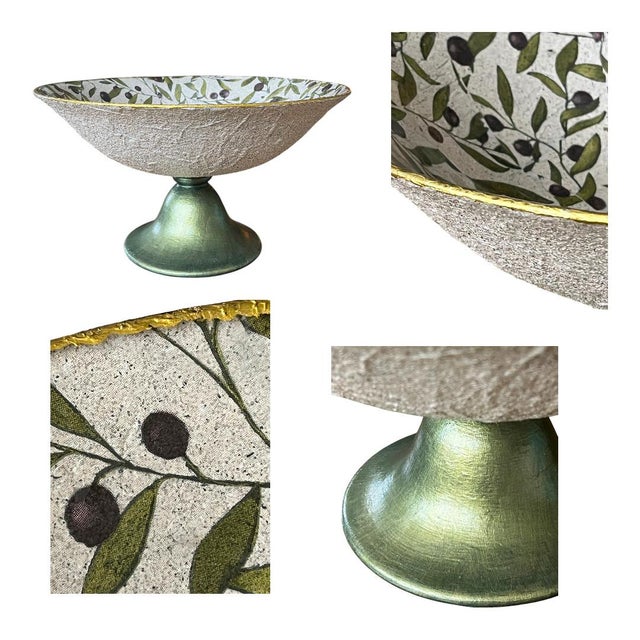 Rustic European Mediterranean Olive Branch Decoupage Pedestal Footed Bowl Compote For Sale - Image 3 of 4