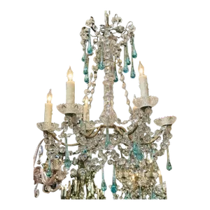 Vintage Beaded Crystal Chandelier With Aqua Crystal Accents