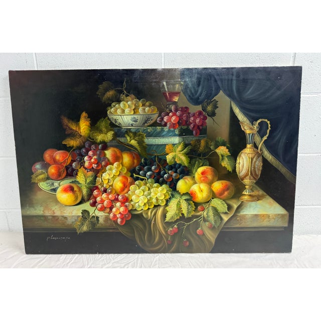 Up for sale is a large vintage original oil painting by artist P. Loosestrife, featuring a still life of fruit. This...