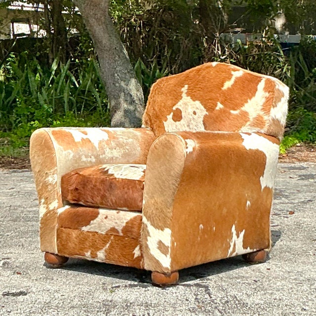 Rustic Vintage Boho Cowhide Roll Arm Lounge Chair For Sale - Image 3 of 8